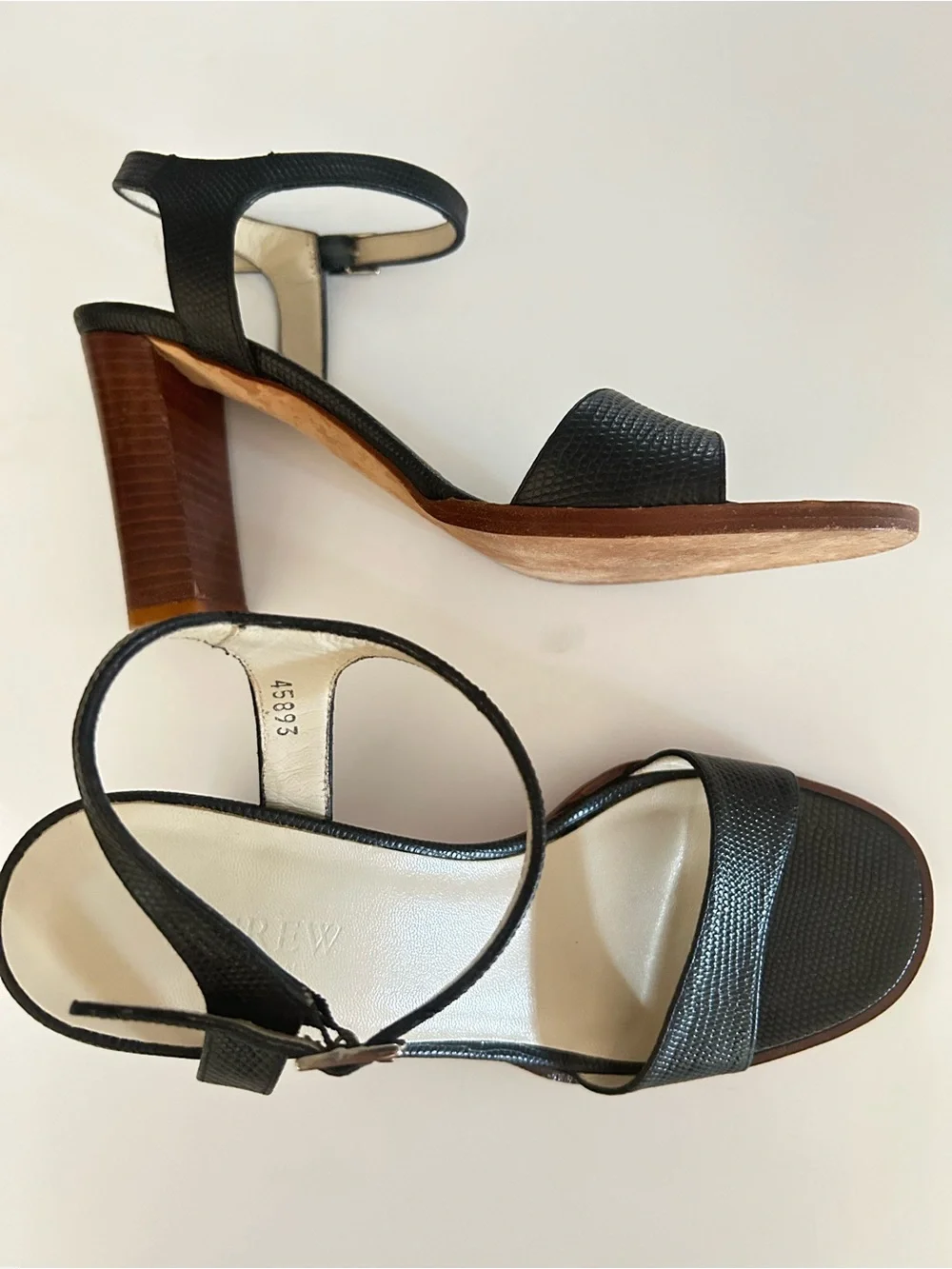 J. Crew Italy block heel sandals, lizard embossed, all leather, black, size 8